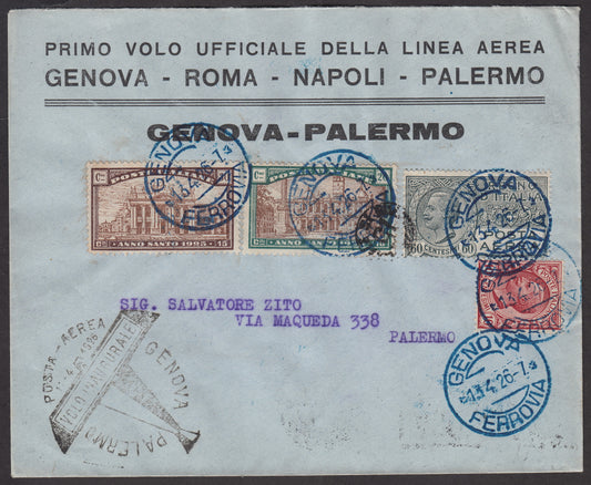 1926 - First flight Genoa Palermo 13/4/1926 with postage consisting of Leoni c.10 rosa + Holy Year c. 20 + 10 blue green and brown + c. 30 + 15 brown and light brown + P.Aerea c. 60 gray (81 + 169 + 170 +PA3) 