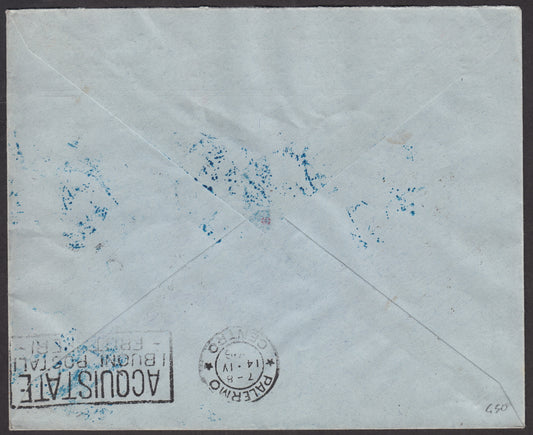 1926 - First flight Genoa Palermo 13/4/1926 with postage consisting of Leoni c.10 rosa + Holy Year c. 20 + 10 blue green and brown + c. 30 + 15 brown and light brown + P.Aerea c. 60 gray (81 + 169 + 170 +PA3) 