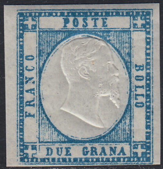 PN196 - 1861 - Effigie di V.E. II volta a destra, 2 grana azzurro nuovo con gomma originale integra (20b)