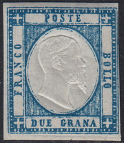 PN197 - 1861 - Effigie di V.E. II volta a destra, 2 grana azzurro scuro nuovo con gomma originale integra (20d)