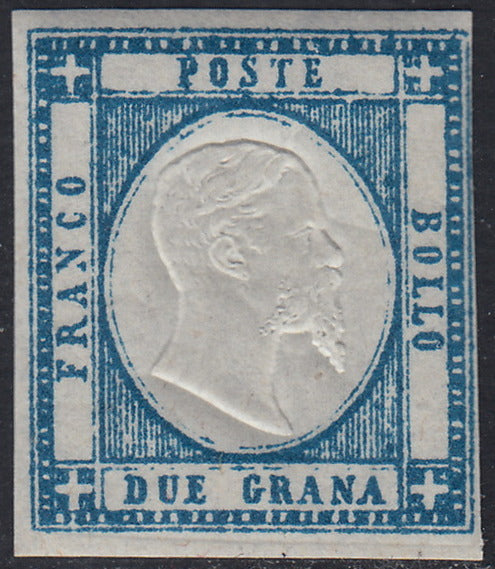 PN197 - 1861 - Effigie di V.E. II volta a destra, 2 grana azzurro scuro nuovo con gomma originale integra (20d)
