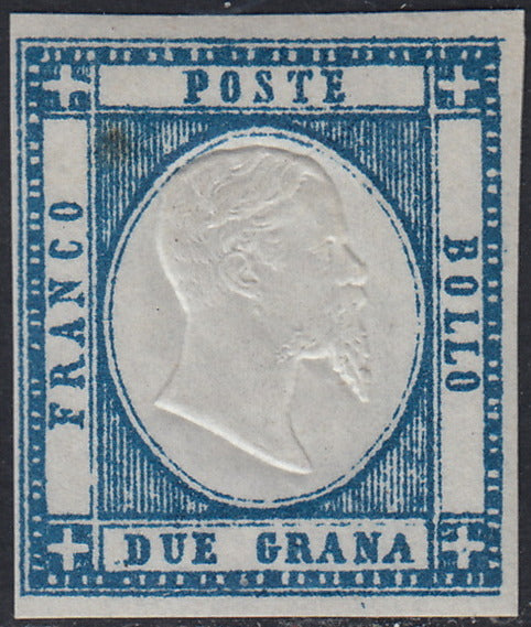 PN204 - 1861 - Effigie di V.E. II volta a destra, 2 grana azzurro oltremare vivo nuovo con gomma originale integra (20ea)