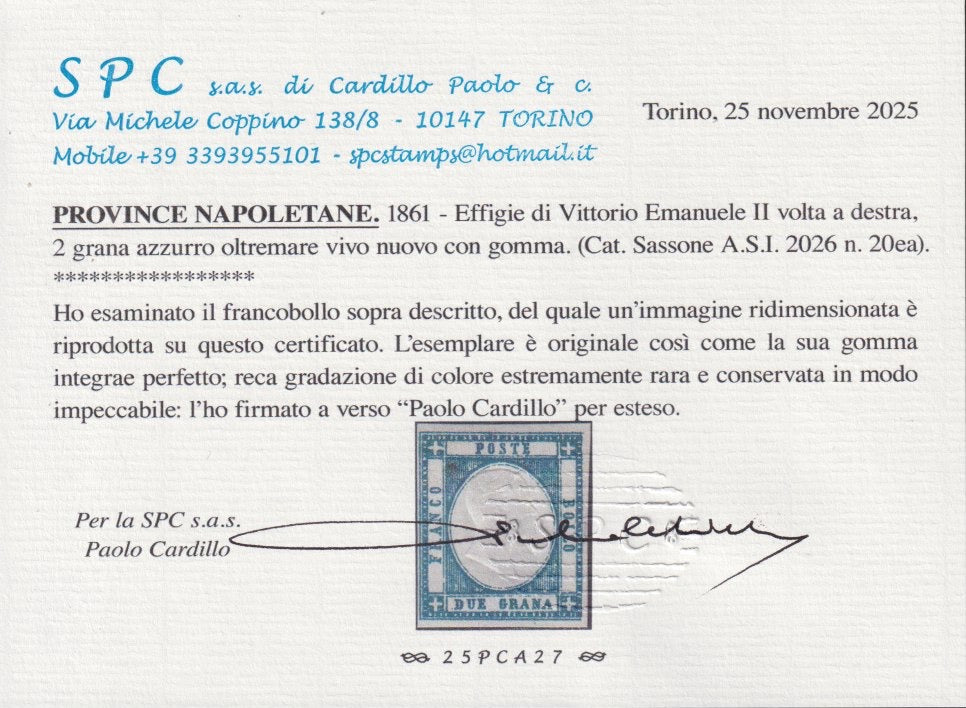PN204 - 1861 - Effigie di V.E. II volta a destra, 2 grana azzurro oltremare vivo nuovo con gomma originale integra (20ea)