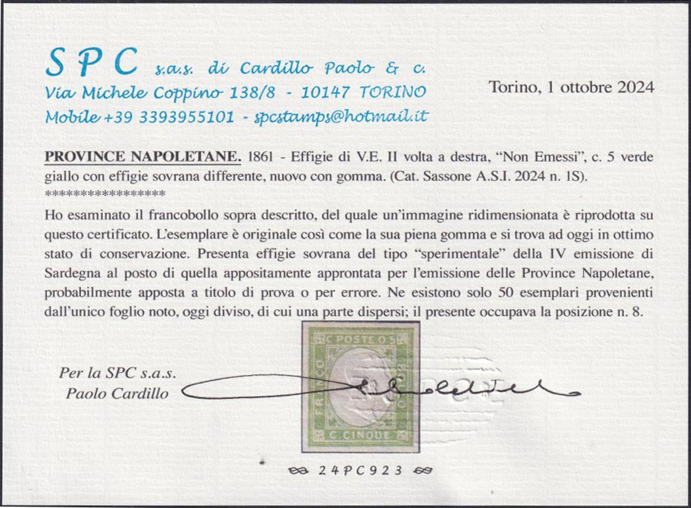 PN242 - 1861 - Effigie di Vittorio Emanuele II volta a destra, c. 5 verde giallo, tipo del n. 13 di Sardegna con diciture modificate per le Province Napoletane e con effigie sovrana tipo Sardegna impressa per errore, (1S, pos. 8).
