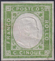 PN244 - 1861 - Effigie di Vittorio Emanuele II volta a destra, c. 5 verde giallo, tipo del n. 13 di Sardegna con diciture modificate per le Province Napoletane e con effigie sovrana tipo Sardegna impressa per errore, (1S, pos. 45).
