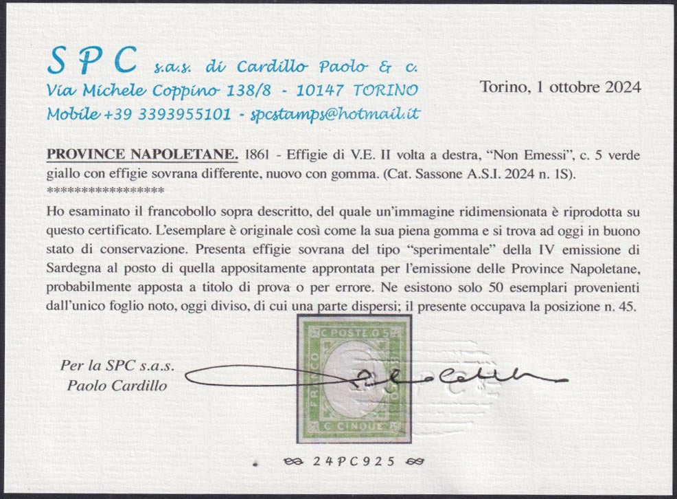 PN244 - 1861 - Effigie di Vittorio Emanuele II volta a destra, c. 5 verde giallo, tipo del n. 13 di Sardegna con diciture modificate per le Province Napoletane e con effigie sovrana tipo Sardegna impressa per errore, (1S, pos. 45).