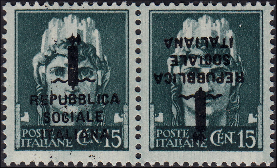 PP1045 - 1944 - Imperiale c. 15 verde grigio coppia orizzontale con soprastampa tipo "k", un esemplare diritta e uno capovolta, nuova con gomma integra. (P26b).