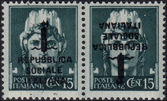 PP1045 - 1944 - Imperiale c. 15 green gray horizontal pair with "k" type overprint, one copy upright and one upside down, new with intact gum. (P26b).