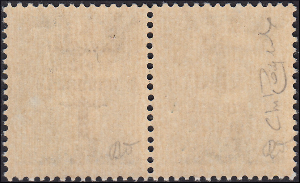 PP1045 - 1944 - Imperiale c. 15 green gray horizontal pair with "k" type overprint, one copy upright and one upside down, new with intact gum. (P26b).