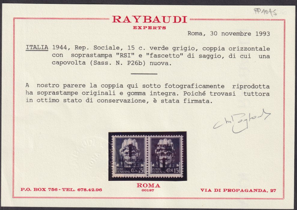 PP1045 - 1944 - Imperiale c. 15 verde grigio coppia orizzontale con soprastampa tipo "k", un esemplare diritta e uno capovolta, nuova con gomma integra. (P26b).