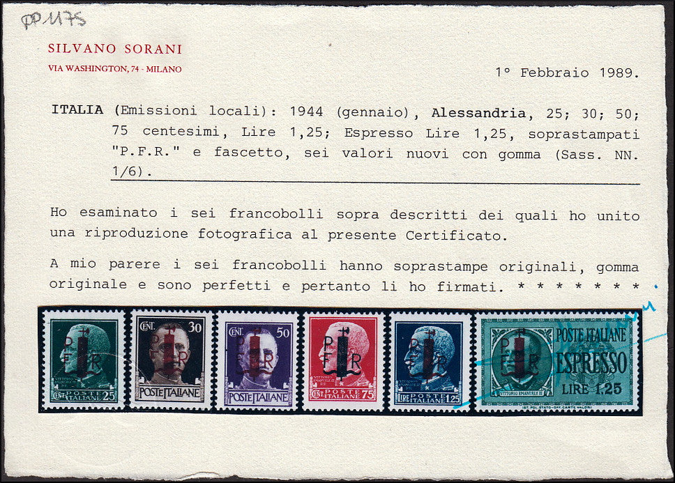 PP1175 - 1944 - Serie emessa per ordine della Segreteria Politica del Fascio di Alessandria, 6 vaori nuovi gomma integra (1/6)