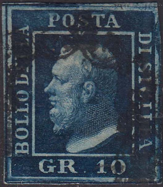 PP1197 - 1859 - Effigie di Federico II di Borbone, 10 grana azzurro cupo  carta di Napoli usato Ritocco n. 5 (12)