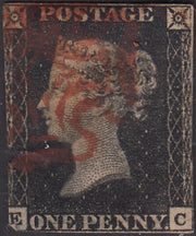 PP140 - 1840 - 1 penny nero detto "Penny Black", lettere E - C usato con croce di Malta rossa (1).