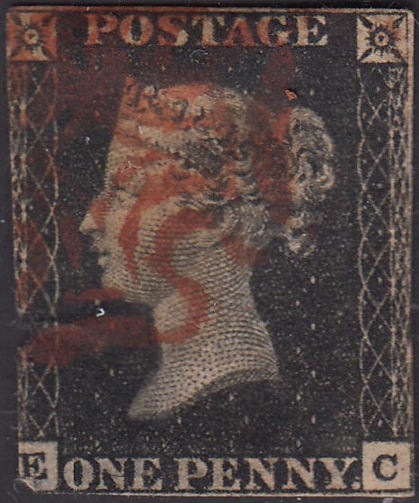 PP140 - 1840 - 1 penny nero detto "Penny Black", lettere E - C usato con croce di Malta rossa (1).