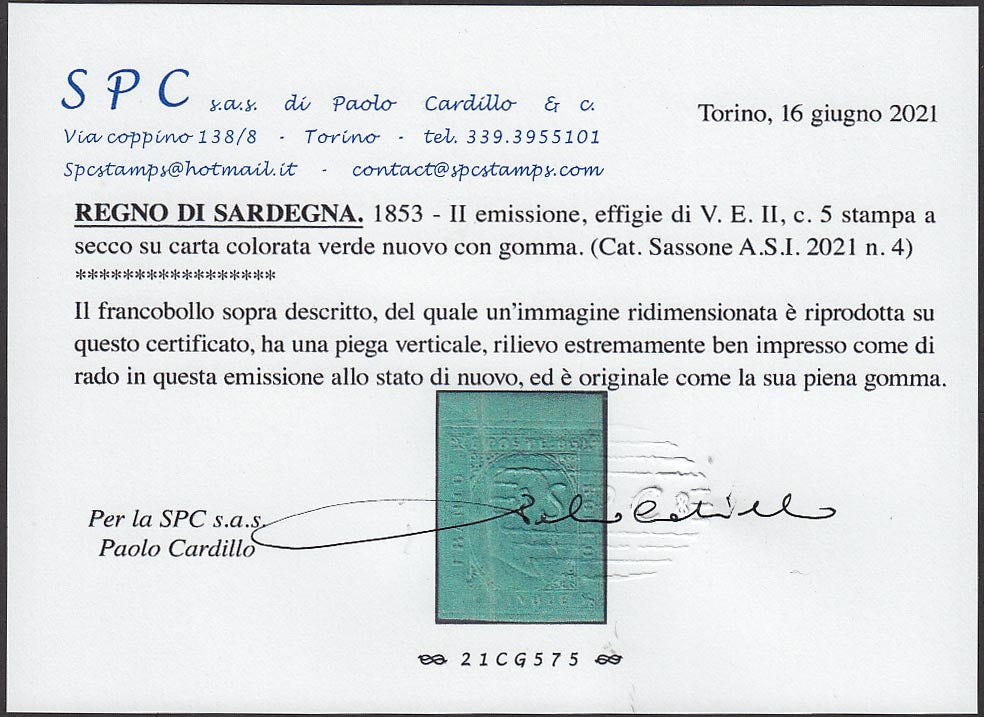 PP228 - 1853 - Sardegna II emissione c. 5 verde nuovo con gomma originale (4).