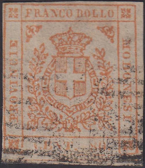 PP25 - 1859 - Shield of Savoy surmounted by a royal crown, c. 80 used orange bistro with nine-bar mute cancel and Savoy shield in the center (18).