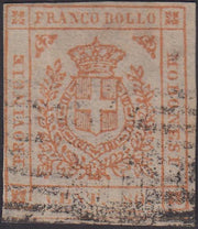 PP25 - 1859 - Scudo di Savoia sormontato da corona reale, c. 80 bistro arancio usato con annullo muto a nove sbarre e scudo di Savoia al centro (18).