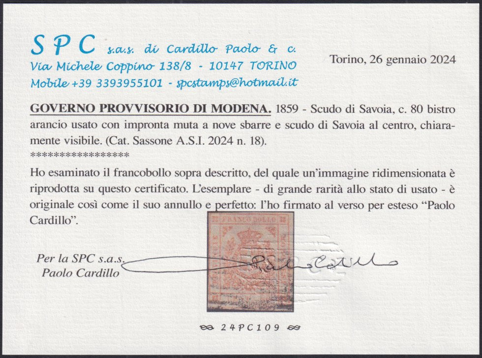 PP25 - 1859 - Scudo di Savoia sormontato da corona reale, c. 80 bistro arancio usato con annullo muto a nove sbarre e scudo di Savoia al centro (18).