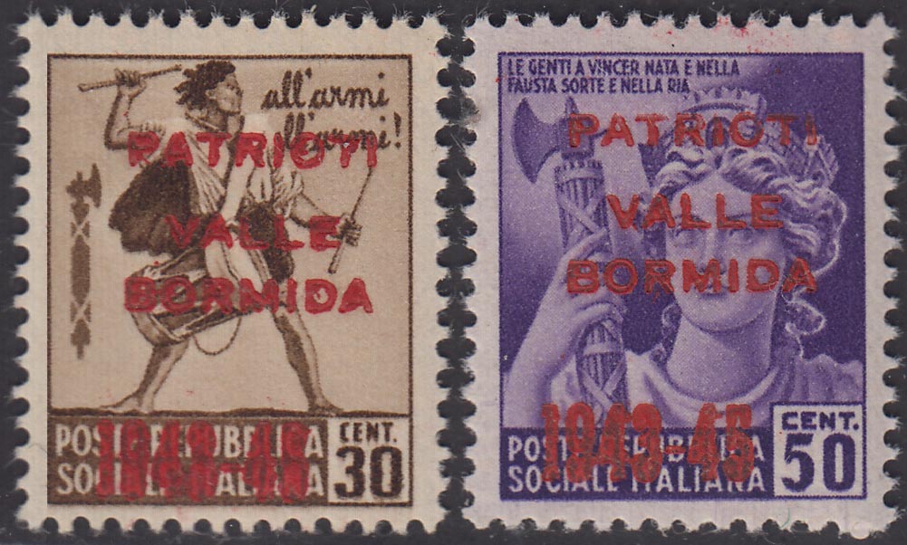 PP339 - 1945 - Monumenti distrutti, c. 30 bruno e c. 50 violetto con soprastampa "CLN / PATRIOTI / VALLE / BORMIDA / 1943-45" in vermiglio, nuovi con gomma integra.(4A, 5A)