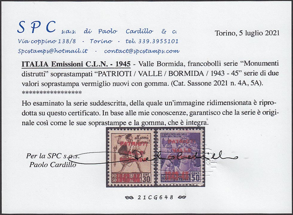 PP339 - 1945 - Monumenti distrutti, c. 30 bruno e c. 50 violetto con soprastampa "CLN / PATRIOTI / VALLE / BORMIDA / 1943-45" in vermiglio, nuovi con gomma integra.(4A, 5A)