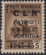 PP341 - 1945 -Monumenti distrutti, c. 5 bruno con soprastampa modificata "CLN / PATRIOTI / VALLE / BORMIDA / 1943-45" in nero, nuovo con gomma integra. (1A)