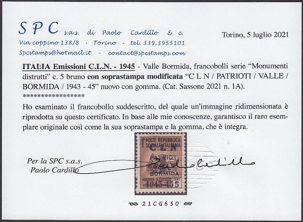 PP341 - 1945 -Monumenti distrutti, c. 5 bruno con soprastampa modificata "CLN / PATRIOTI / VALLE / BORMIDA / 1943-45" in nero, nuovo con gomma integra. (1A)