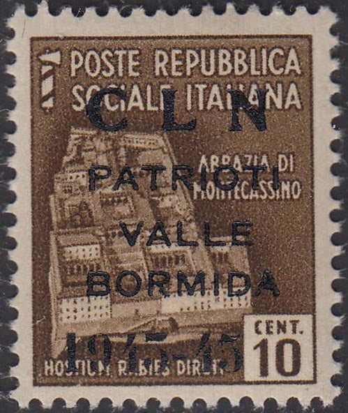 PP343 - 1945 - Monumenti distrutti, c. 10 bruno con soprastampa "CLN / PATRIOTI / VALLE / BORMIDA / 1943-45" in nero, nuovo con gomma integra.(8)