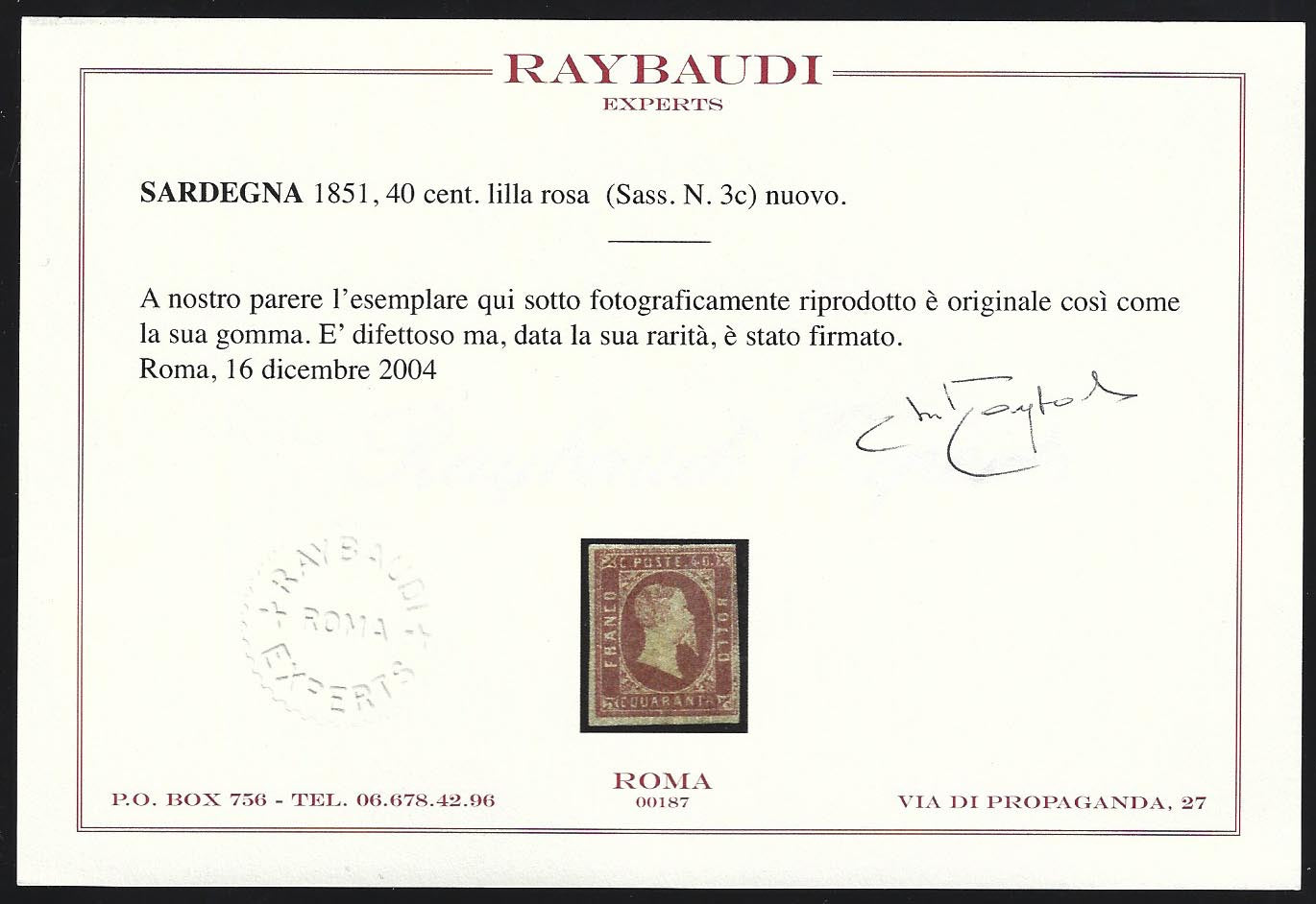 PP533 - 1851 - I emissione c. 40 lilla rosa nuovo con gomma originale (3c)