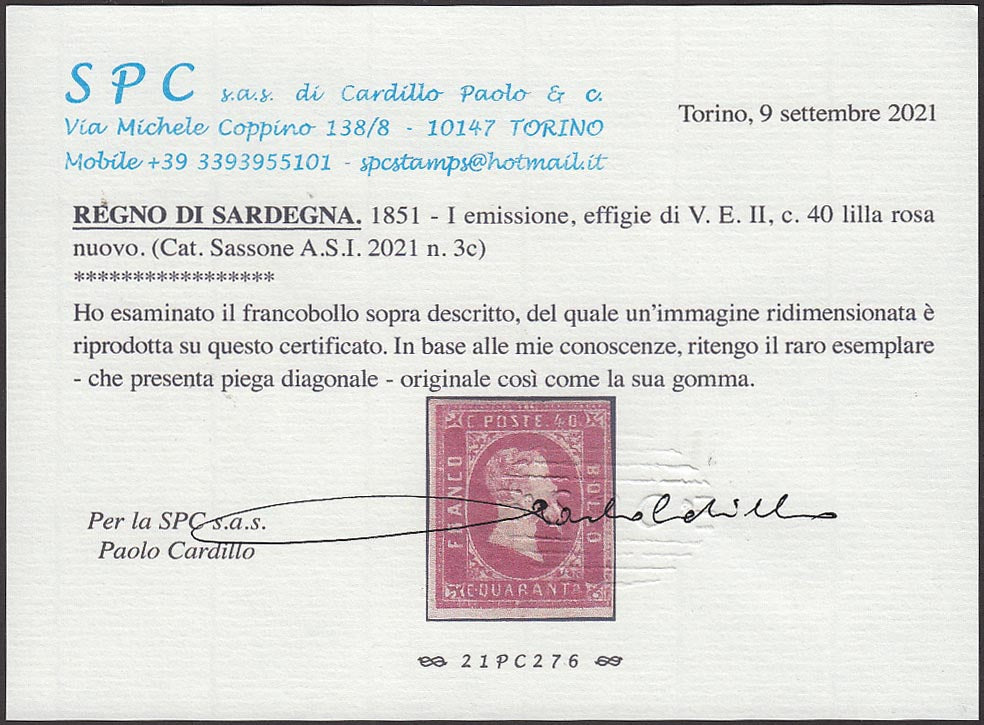 PP533 - 1851 - I emissione c. 40 lilla rosa nuovo con gomma originale (3c)