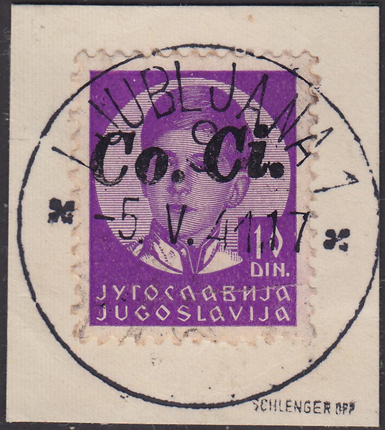 PP708 - 1941 - 10d. violetto con soprastampa a mano in mero Co.Ci. obliqua, usato su frammento (12Ab)