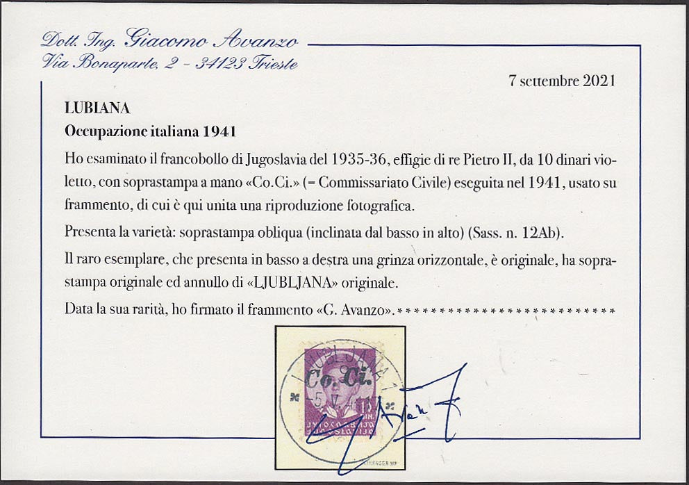 PP708 - 1941 - 10d. violetto con soprastampa a mano in mero Co.Ci. obliqua, usato su frammento (12Ab)