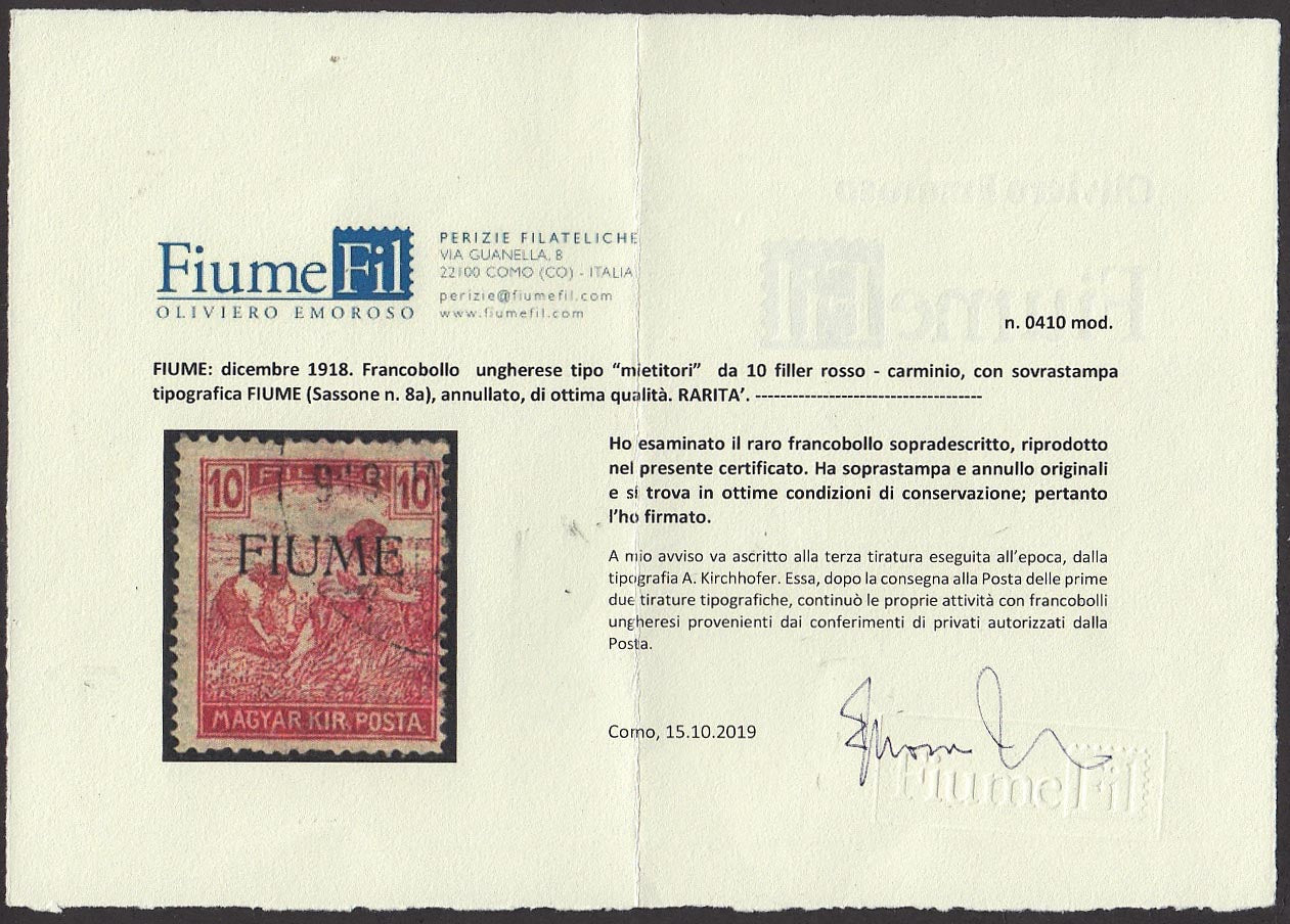 PP711 - 1918 - Mietitori di Ungheria, 10 filler rosso carminio soprastampato FIUME a macchina usato (8a)
