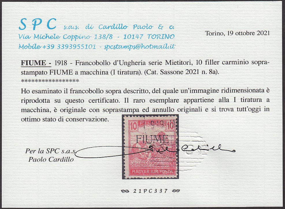 PP711 - 1918 - Mietitori di Ungheria, 10 filler rosso carminio soprastampato FIUME a macchina usato (8a)
