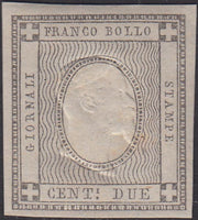 PP720 - 1861 - Stampati, c. 2 grigio nero esemplare senza cifra ma con impressione dell'effigie sovrana nuovo con gomma integra, così detto "sperimentale" (20S).