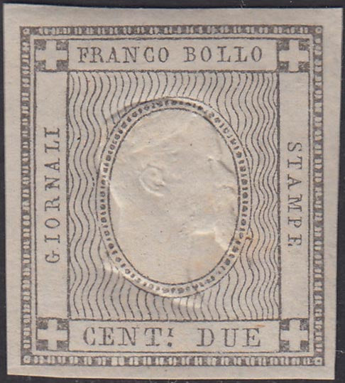 PP720 - 1861 - Stampati, c. 2 grigio nero esemplare senza cifra ma con impressione dell'effigie sovrana nuovo con gomma integra, così detto "sperimentale" (20S).