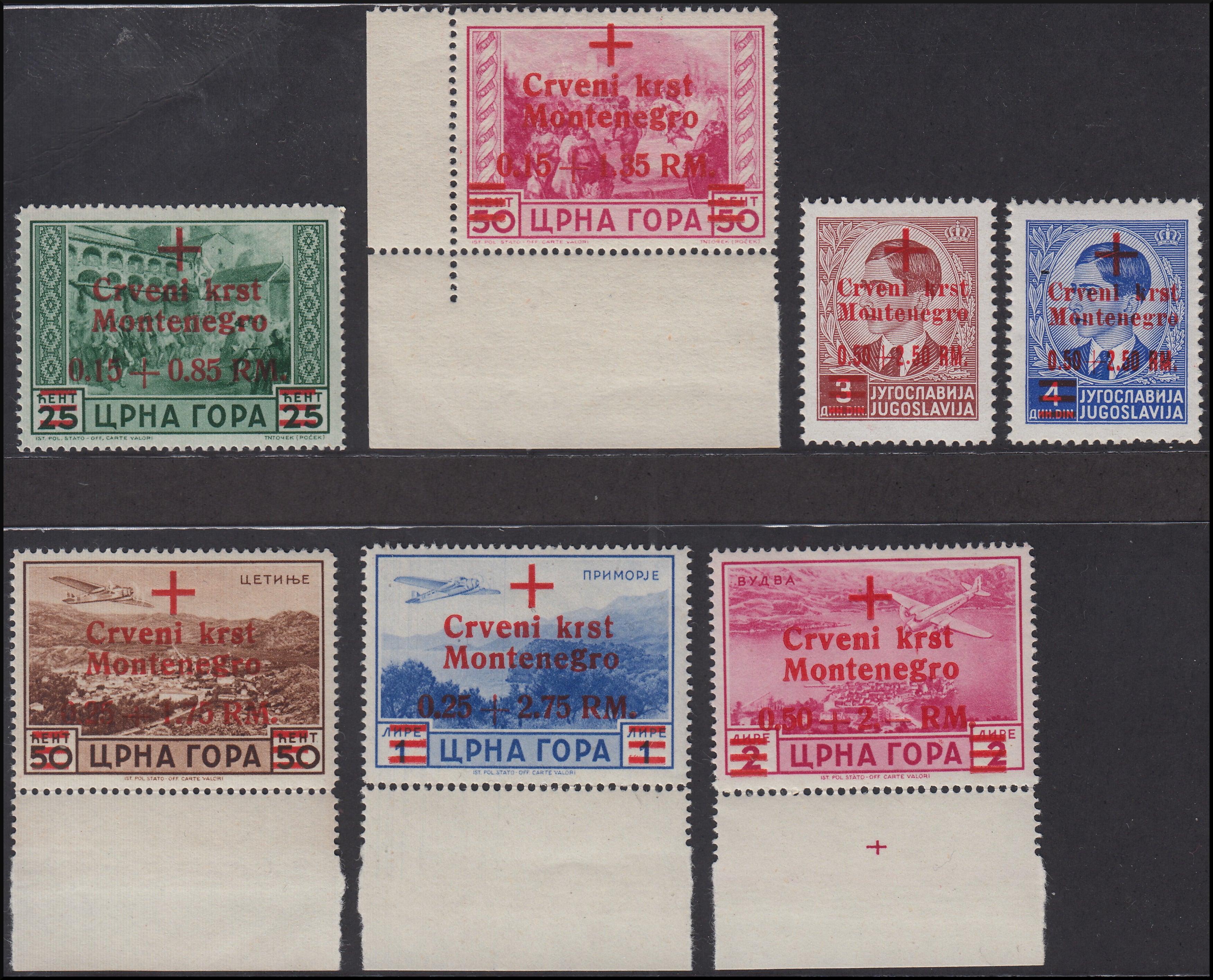 PPP551 - 1944 - Occupazione Tedesca del Montenegro, francobolli di Jugoslavia soprastampati "Croce Rossa" e nuovo valore, serie di sette esemplari nuovi gomma integra (21/24 + A9/11)