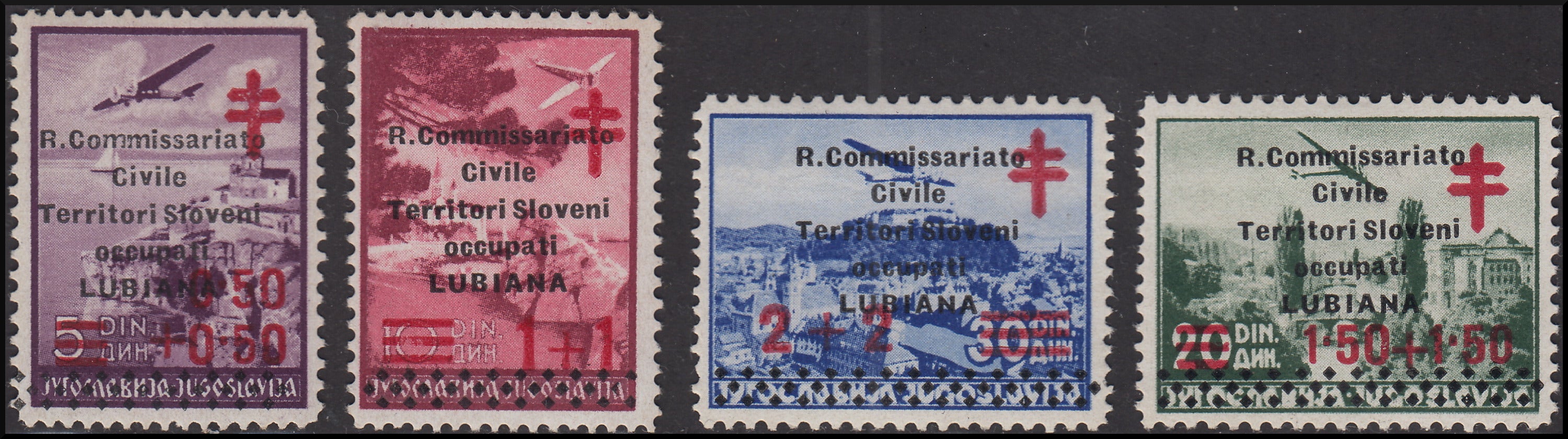 PPP568 - 1941 - Francobolli di Jugoslavia di Posta Aerea con soprastampe Croce Rossa di tipo diverso, serie di 4 valori nuova gomma integra (35/38)