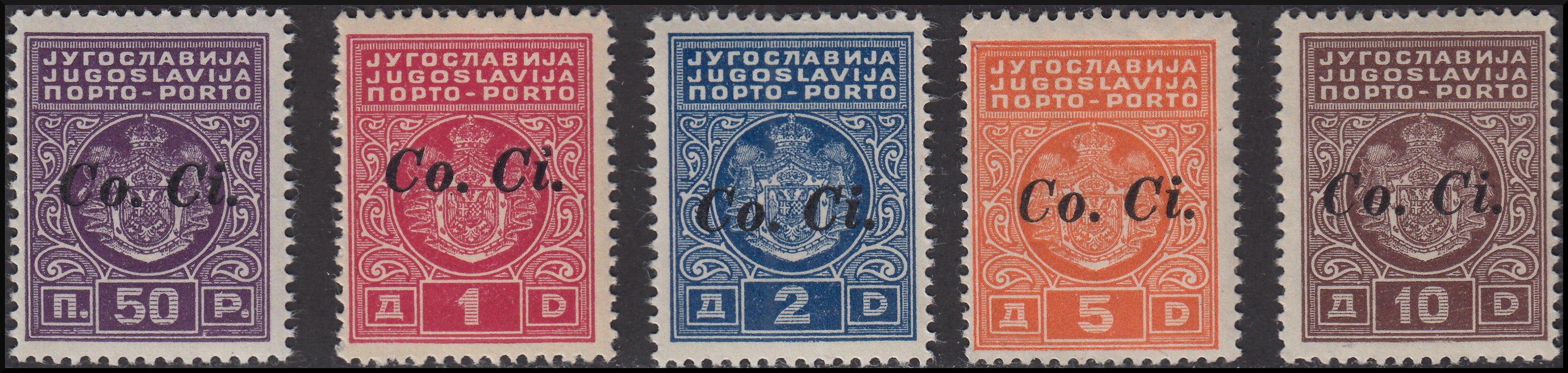 PPP587 - 1941 - Occupazione Italiana della Lubiana, Segnatasse soprastampate "Co.Ci." serie di 5 valori completa nuova con gomma integra (1/5)