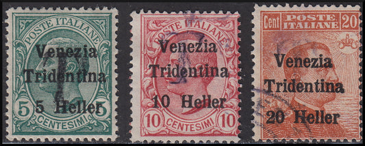 PPP592 - 1918 - Trentino Alto Adige, Bolzano 1 office, temporary tax stamps overprinted Venezia Tridentina and T (BZ1/5-BZ1/7)