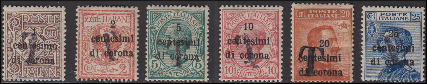 PPP595 - 1918 - Trentino Alto Adige, Bolzano 1 office, temporary tax postmarks overprinted in crown cents and "T" in black, new with rubber (BZ1/11-15)