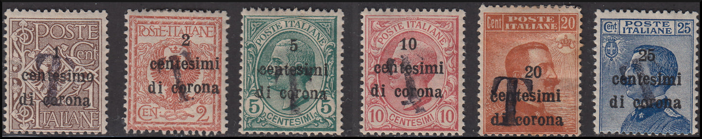 1918 - Trentino Alto Adige, ufficio di Bolzano 1, segnatasse provvisori soprastampati in centesimi di corona e "T" in colore nero nuovi con gomma (BZ1/11-15)