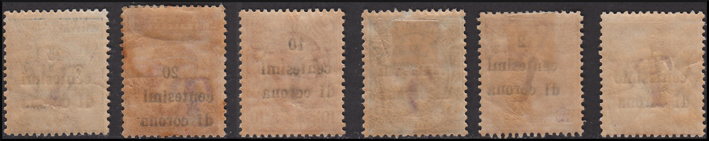 PPP595 - 1918 - Trentino Alto Adige, Bolzano 1 office, temporary tax postmarks overprinted in crown cents and "T" in black, new with rubber (BZ1/11-15)