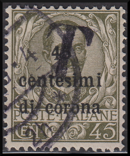PPP614 - 1918 - Trentino Alto Adige, Bolzano office 1, temporary tax postmarks overprinted in crown cents and "T" in black, 45 c. used olive (BZ1/17)