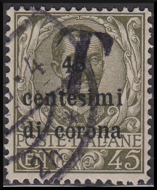 1918 - Trentino Alto Adige, ufficio di Bolzano 1, segnatasse provvisori soprastampati in centesimi di corona e "T" in colore nero, 45 c. oliva usato (BZ1/17)