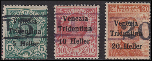 PPP616 - 1918 - Trentino Alto Adige, ufficio di Bolzano 3, segnatasse provvisori soprastampati "Venezia Tridentina" e soprastampa orizzontale T e cifra di corpo più grande tra due righe, nuovi (BZ3/11-13)