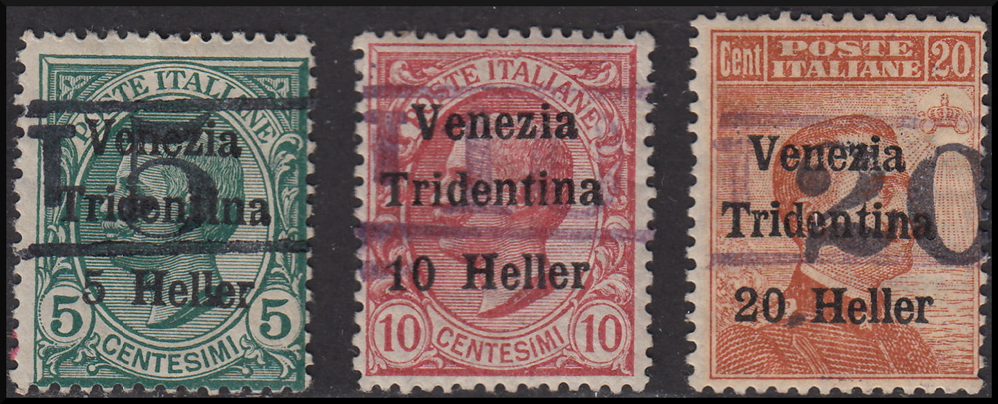 1918 - Trentino Alto Adige, ufficio di Bolzano 3, segnatasse provvisori soprastampati "Venezia Tridentina" e soprastampa orizzontale T e cifra di corpo più grande tra due righe, nuovi (BZ3/11-13)