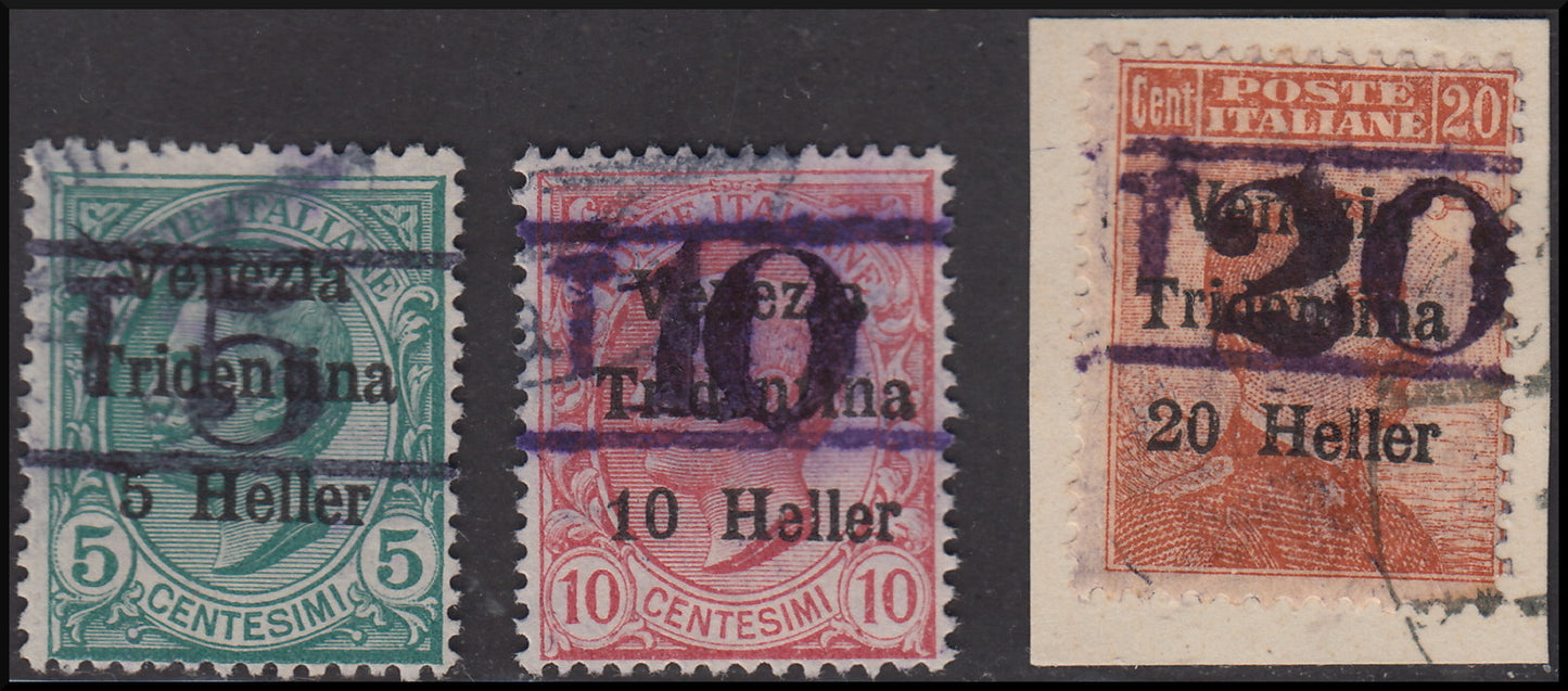 PPP617 - 1918 - Trentino Alto Adige, Bolzano office 3, temporary postage stamps overprinted "Venezia Tridentina" and horizontal overprint T and larger body digit between two lines, used (BZ3/11-13)