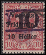 PPP623 - 1918/19 - Trentino Alto Adige, ufficio di Bolzano 3, Leoni 10c. rosa sopastampato "T 10" tra due righe orizzontali usato (BZ3/12)