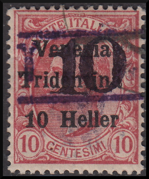 PPP623 - 1918/19 - Trentino Alto Adige, ufficio di Bolzano 3, Leoni 10c. rosa sopastampato "T 10" tra due righe orizzontali usato (BZ3/12)