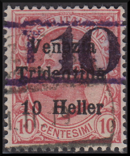 PPP624 - 1918/19 - Trentino Alto Adige, ufficio di Bolzano 3, Leoni 10c. rosa sopastampato "T 10" tra due righe orizzontali usato (BZ3/12)